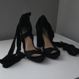 Lulu's Suede Black Lace-Up Block Heels